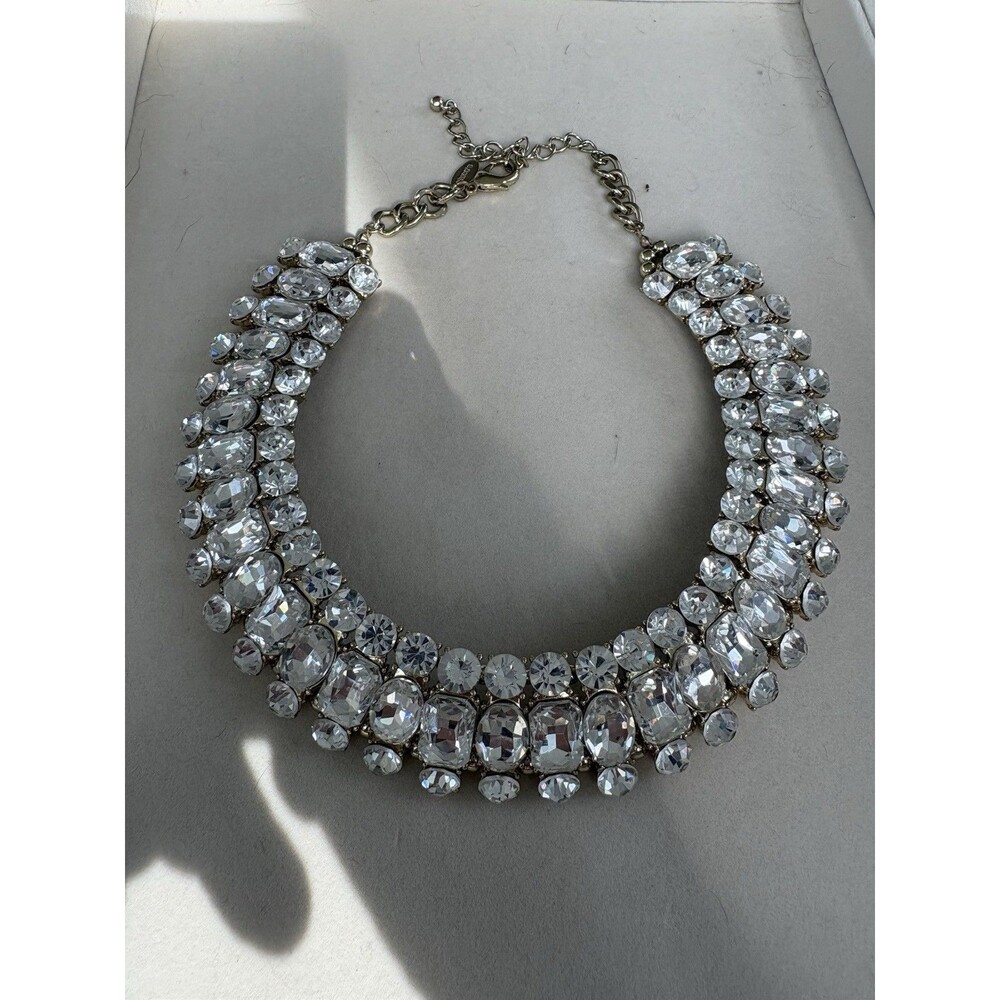 Chico's Silver Tone Multi Row Clear Crystal Statement Collar Bib Necklace Chunky